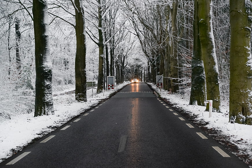 Wet asphalt road through snowy forest with car headlights