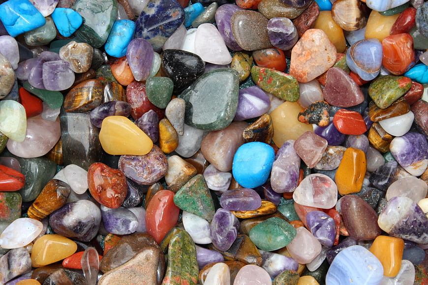 Colorful Polished Gemstones And Tumbled Crystals Close Up