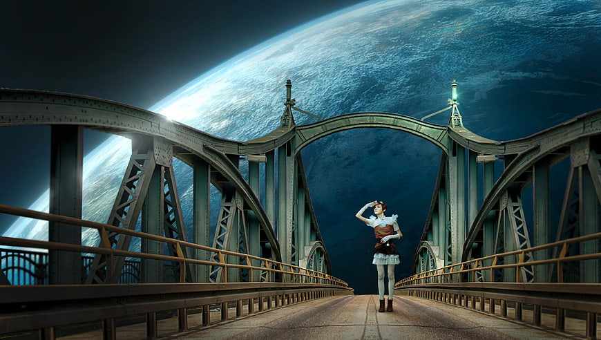 Surreal woman standing on bridge with giant planet in space