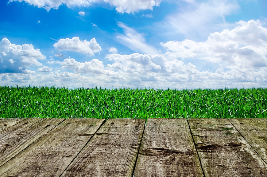 Wooden Deck Surface With Green Grass And Blue Sky