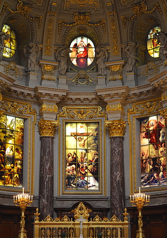 Ornate Baroque Church Interior with Stained Glass and Gold Altar