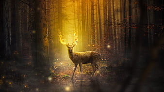 Magical Stag with Glowing Antlers in Mystical Forest