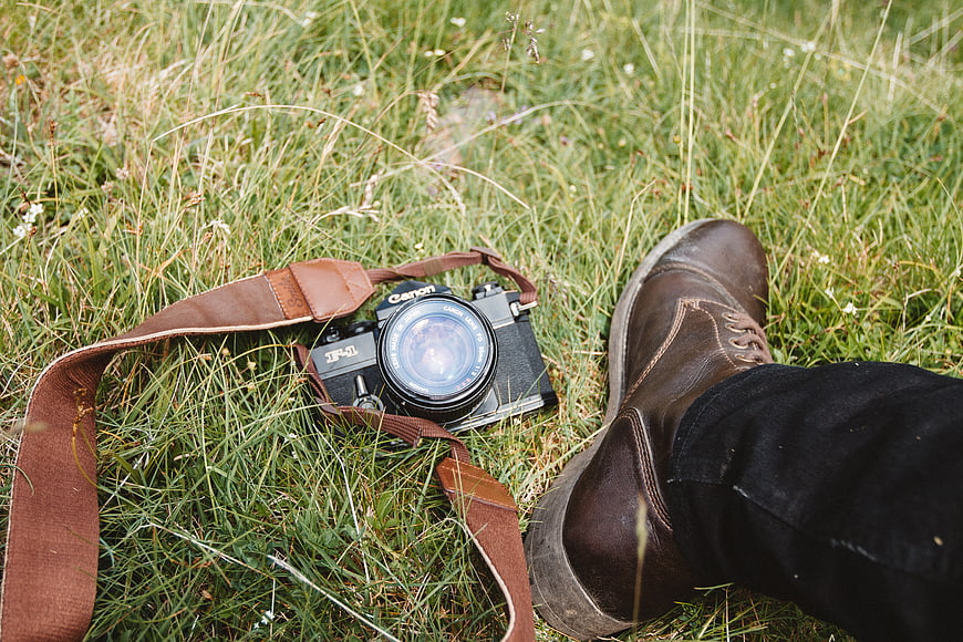 Vintage Canon Camera and Leather Boots in Green Grass