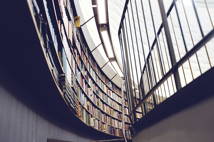 Curved library bookshelves with metal railing and skylight