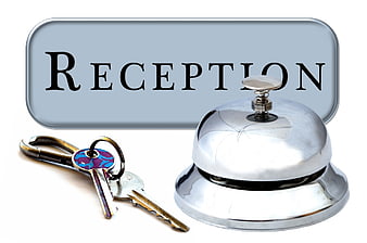 Hotel Reception Sign with Bell and Keys on White Background