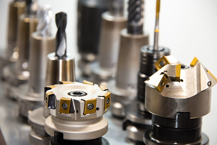 Close-up of CNC milling cutters and industrial metalworking tools