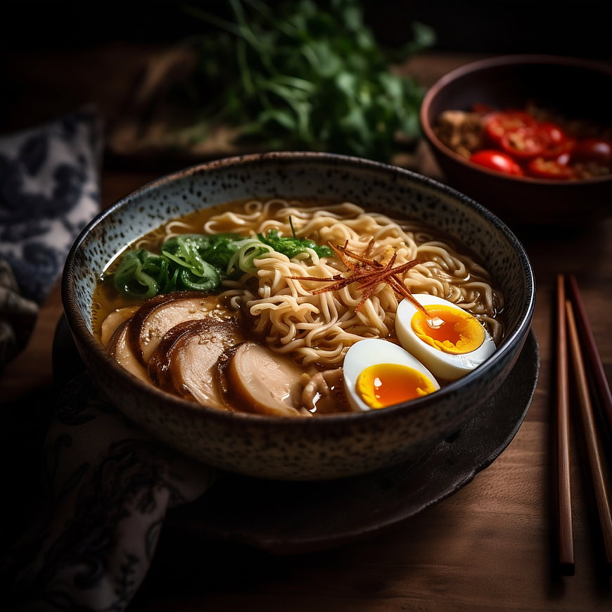 Delicious bowl of ramen with soft boiled egg and pork