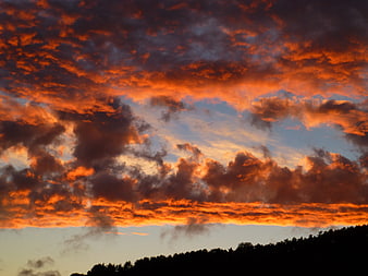 Dramatic fiery orange sunset clouds over dark forest silhouette