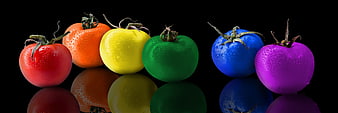 Rainbow colored tomatoes with water droplets on black background