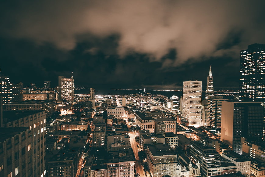 San Francisco Skyline at Night with Dramatic Clouds