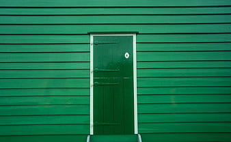 Minimalist Green Wooden Door on Horizontal Siding Wall