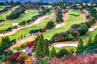 Aerial View of Autumn Golf Course Landscape with Vibrant Foliage