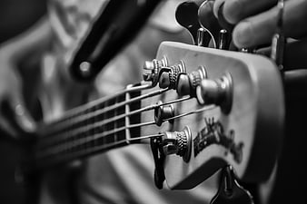 Close-up of Electric Bass Guitar Headstock Tuning Pegs