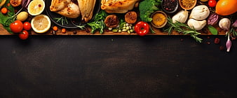 Top View Roasted Chicken and Fresh Ingredients on Dark Background