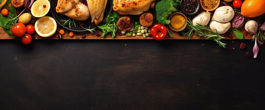 Top View Roasted Chicken and Fresh Ingredients on Dark Background