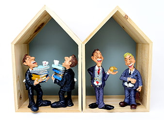 Humorous Tax Bureaucracy Figurines in Wooden House Frames