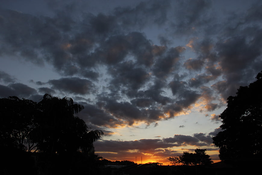 Dramatic sunset sky with dark clouds and tree silhouettes