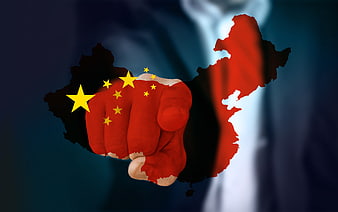 Chinese Flag Fist Over Map Silhouette Business Concept