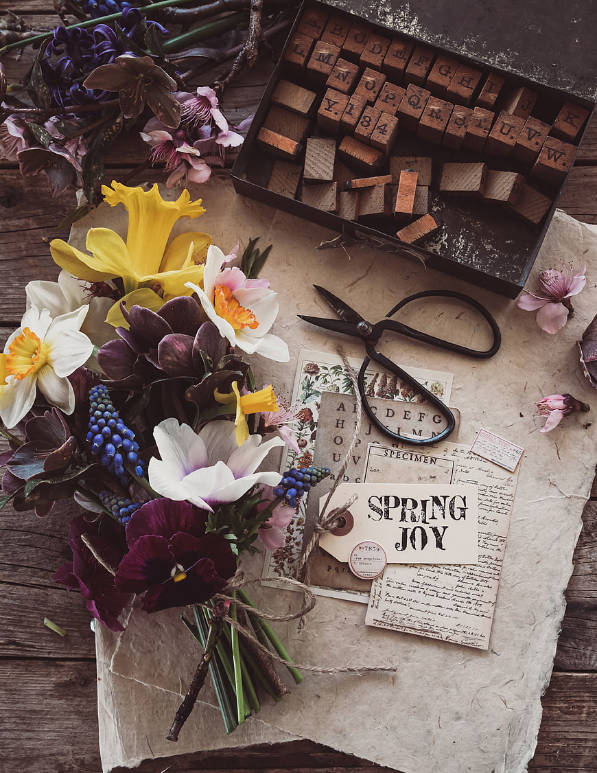 Vintage Spring Floral Flat Lay with Scissors and Letterpress Blocks