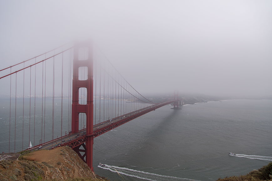 Golden Gate Bridge in thick fog, San Francisco