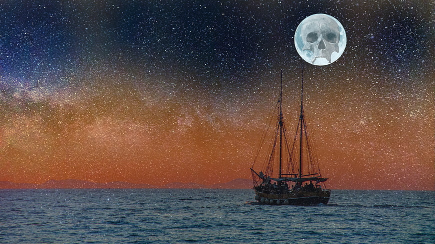Sailboat on Ocean Under Starry Sky with Skull Moon