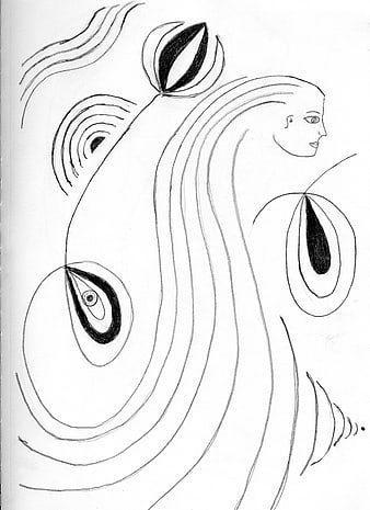 Abstract line drawing of woman with flowing curves and shapes