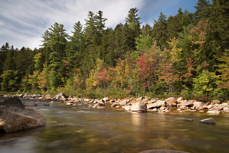 Serene Rocky River Flowing Through Autumn Forest Landscape