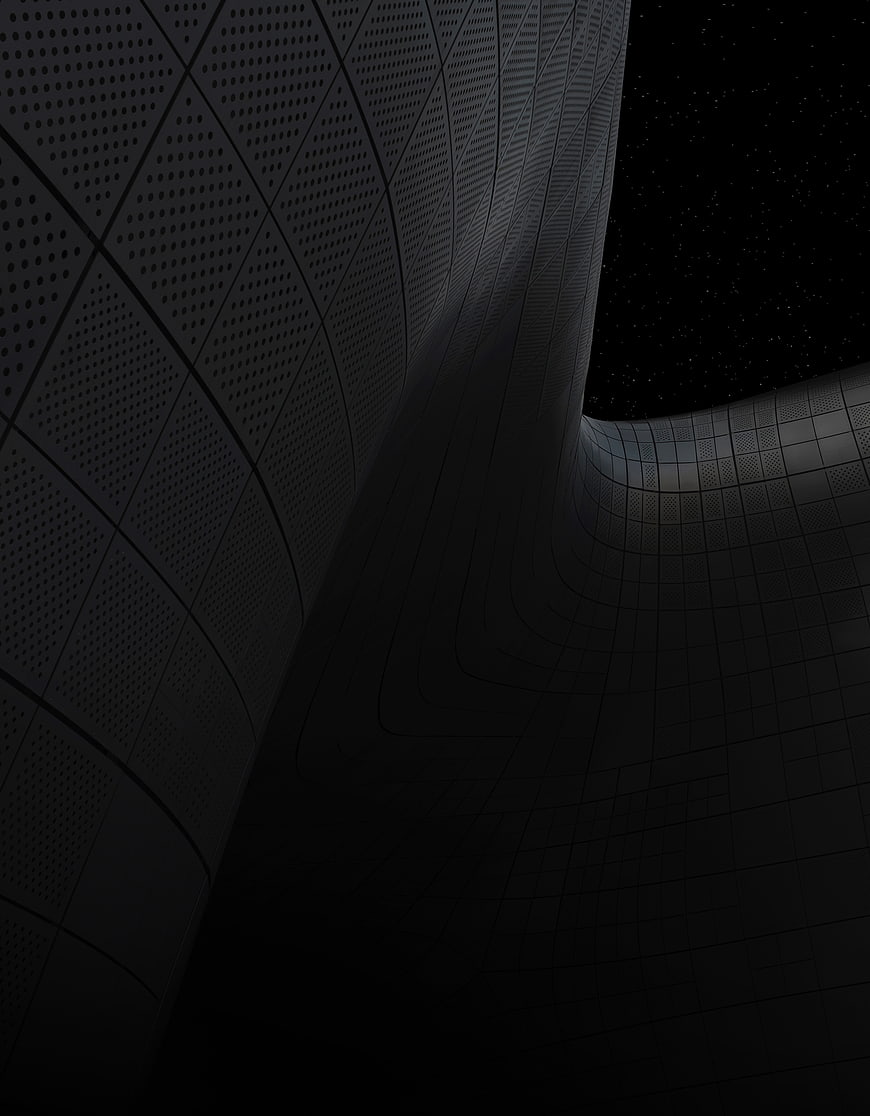 Abstract dark futuristic architecture with curved perforated surfaces