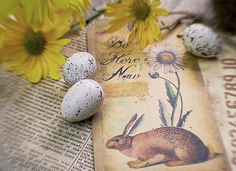 Vintage Easter Composition with Quail Eggs and Yellow Flowers