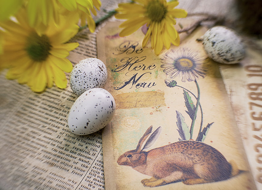 Vintage Easter Composition with Quail Eggs and Yellow Flowers
