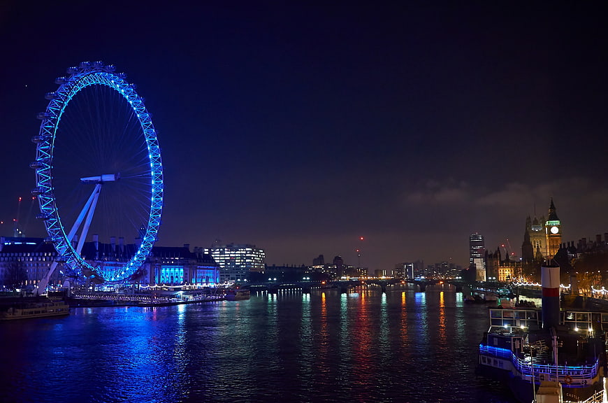 London Eye and Big Ben Night View from River Thames