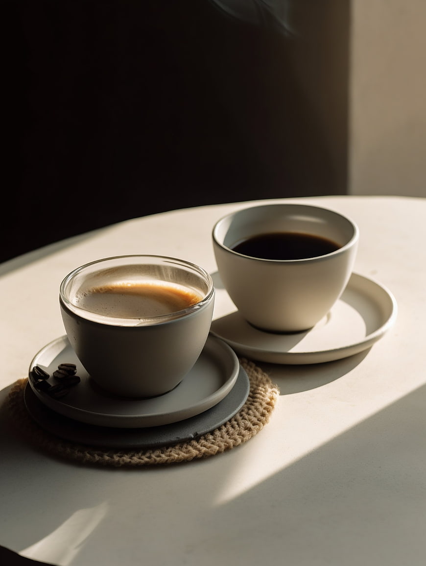 Two cups of coffee on a white table with sunlight