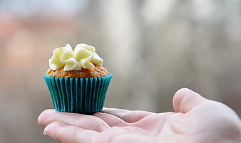 Hand Holding Mini Cupcake with White Frosting