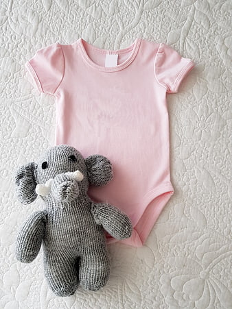 Pink Baby Bodysuit Flat Lay With Knitted Elephant Toy