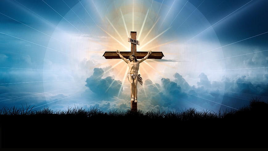 Jesus on the Cross with Divine Light Rays and Clouds