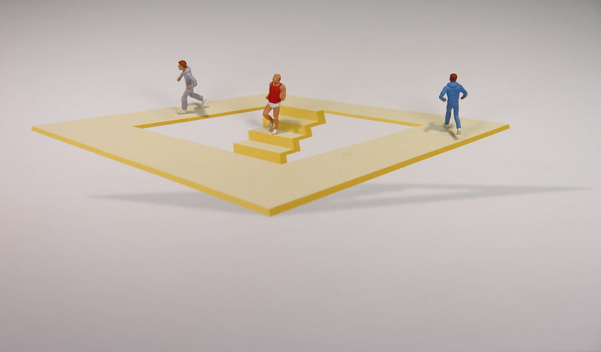 Miniature Runners on Impossible Penrose Triangle Optical Illusion