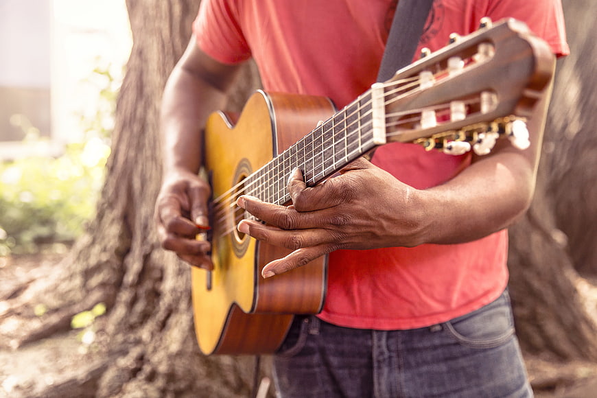 Close-up of Man Playing Acoustic Guitar Outdoors