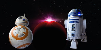 BB-8 and R2-D2 Star Wars Droids Floating in Space