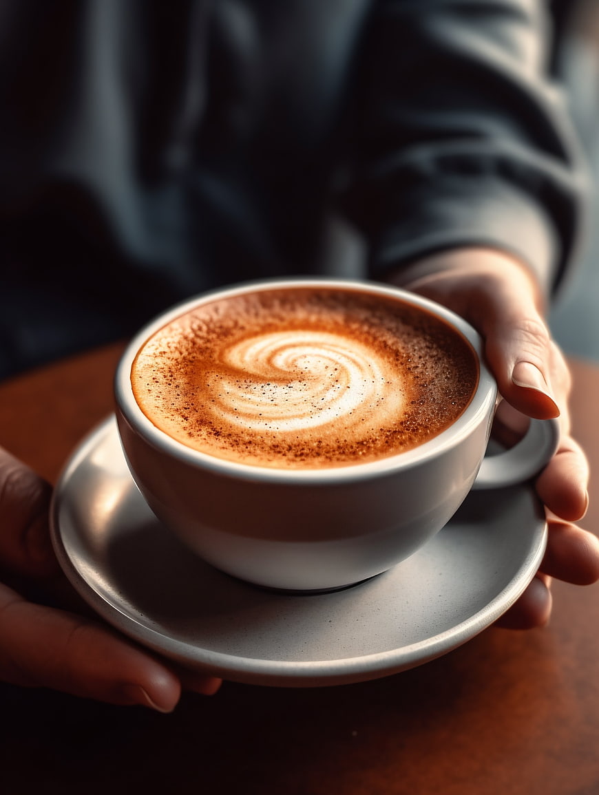 Close-up of hands holding a cappuccino with latte art