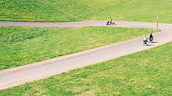 High angle view of cyclists and pedestrian on winding park path