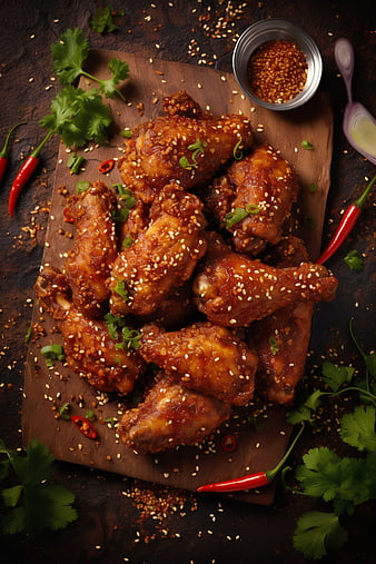 Crispy Spicy Chicken Wings with Sesame and Chili Garnish