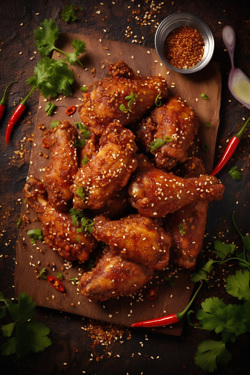 Crispy Spicy Chicken Wings with Sesame and Chili Garnish