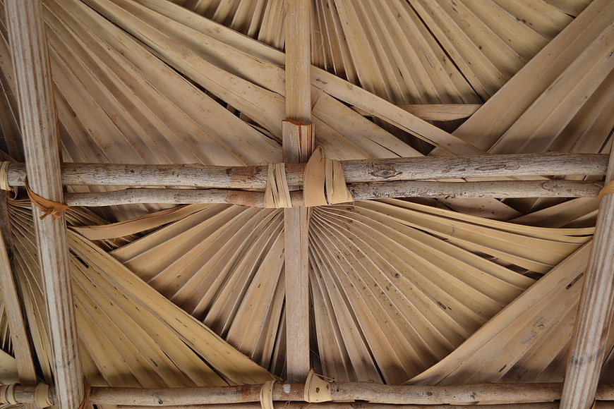 Textured Thatched Palm Roof with Wooden Beams