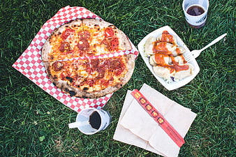 Top view of pizza and Korean dumplings on grass