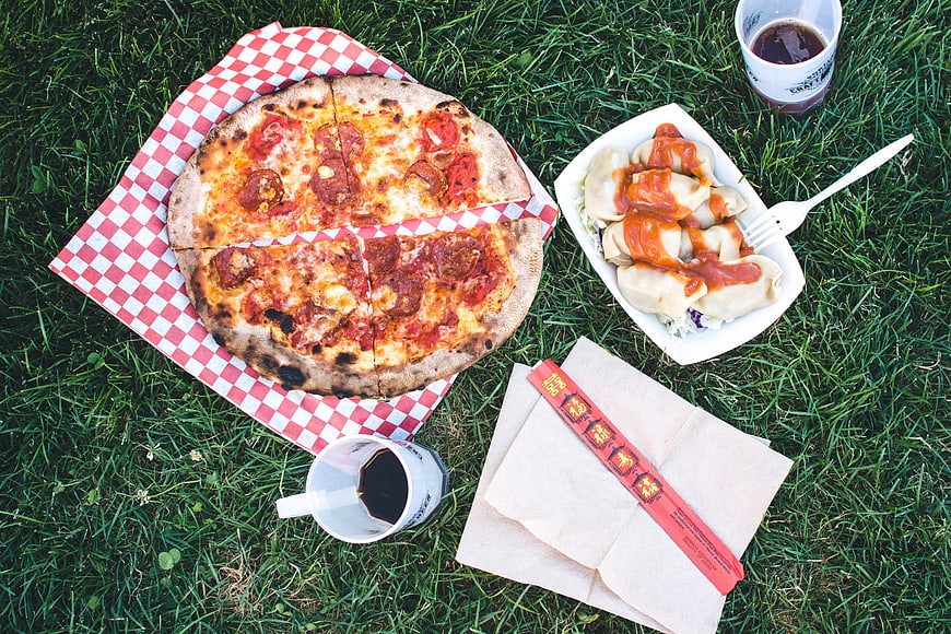 Top view of pizza and Korean dumplings on grass