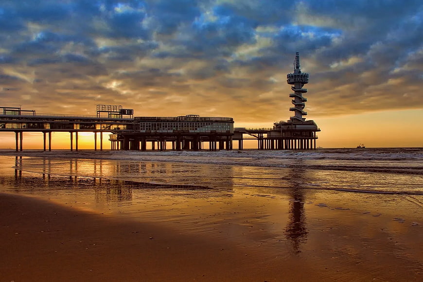 Blackpool Pleasure Beach Tower at Sunset on Wet Beach