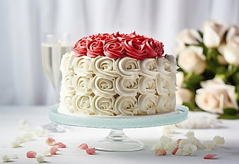 Elegant White and Red Floral Icing Cake on Stand