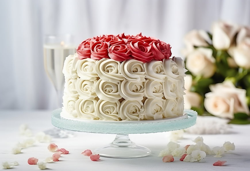 Elegant White and Red Floral Icing Cake on Stand