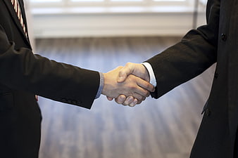 Businessmen shaking hands in suits close up