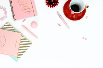 Pink Office Supplies Flat Lay with Coffee and Notebooks